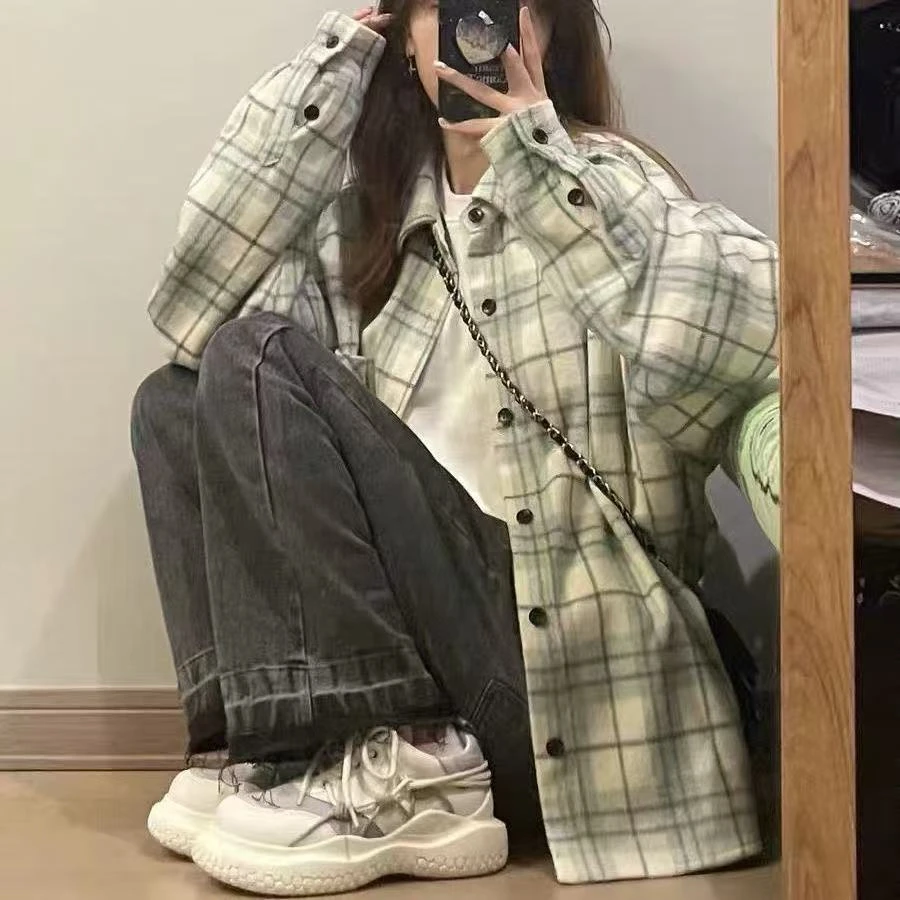 少女甜美格子衬衫春秋清新学院风叠上衣新款慵懒衬衣宽松学生外套