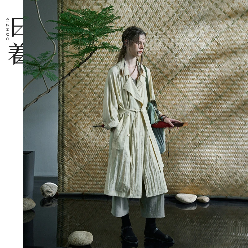 日着原创女装2025春季新款中长大廓形肌理感收腰宽松风衣RD2312F1