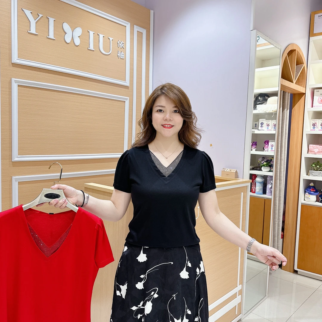 南韩高档气质上衣6-25-8941夏季v领洋气短袖T恤