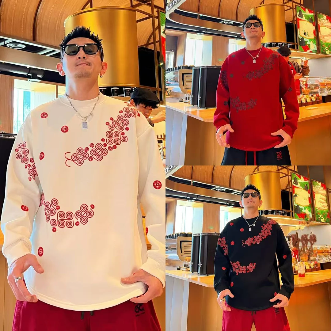 小众个性设计感撞色立体发泡印花加绒保暖情侣同款圆领长袖卫衣