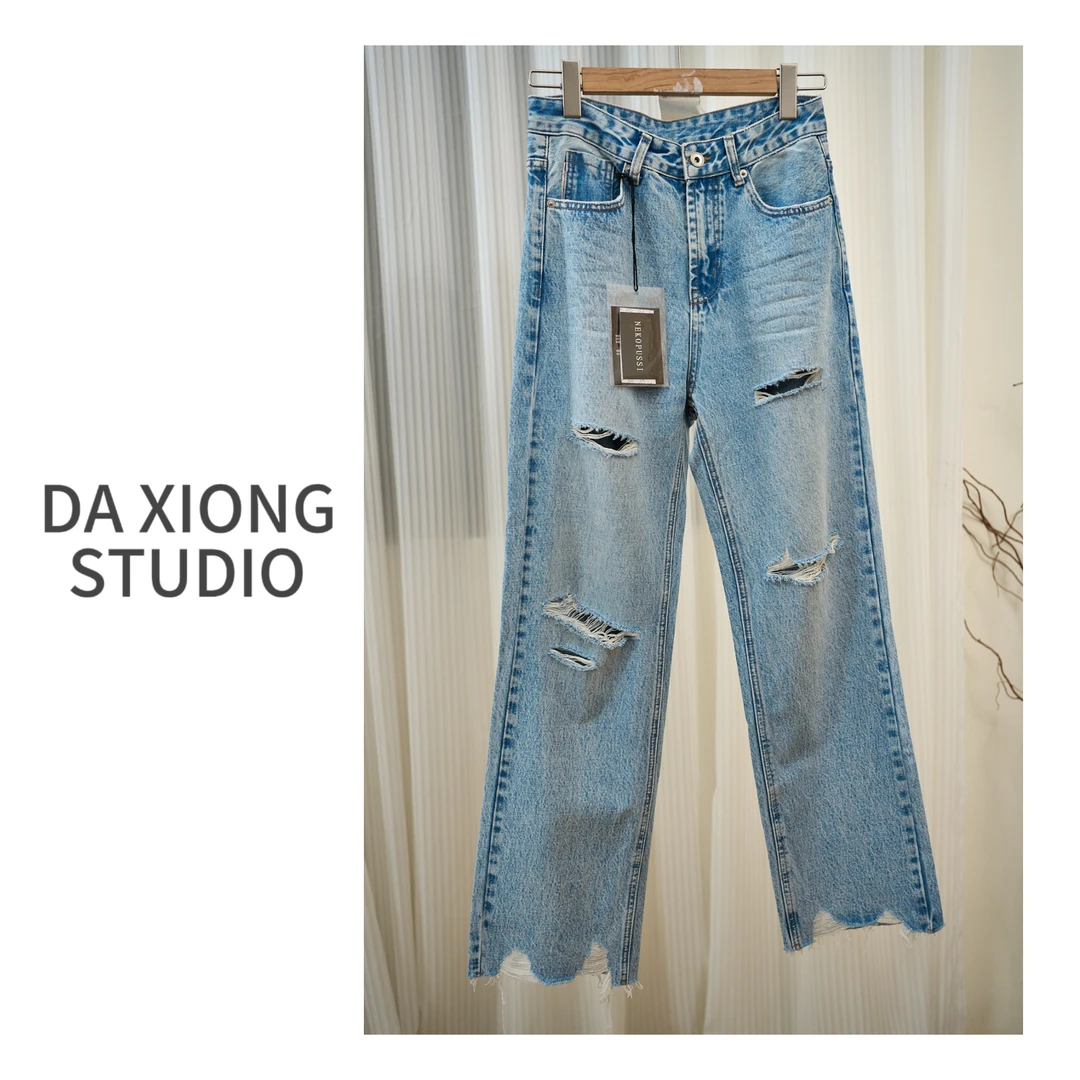 小众重工砂洗高腰破洞小直筒牛仔裤