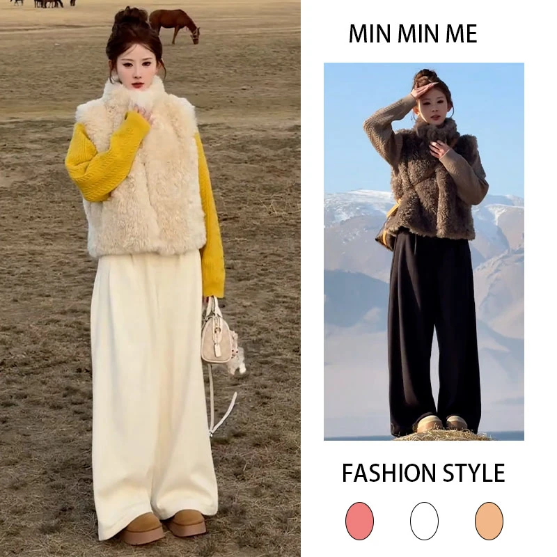 2025秋冬季新款设计感修身型时尚马甲内搭打底衫休闲阔腿裤三件套