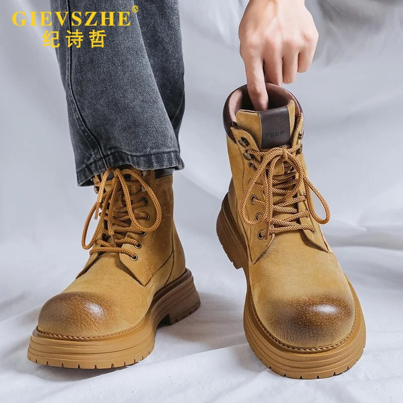纪诗哲马丁靴男2025秋冬季加绒美式工装鞋复古厚底大黄靴男士短靴