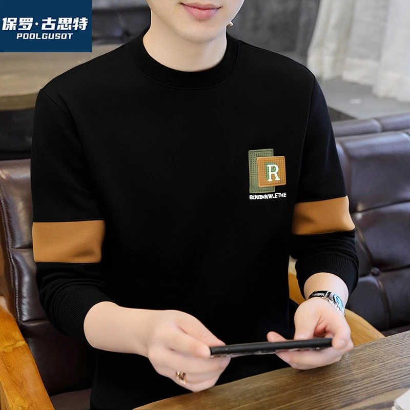 保罗·古思特秋季宽松圆领长袖套头卫衣男士休闲潮牌字母刺绣拼接