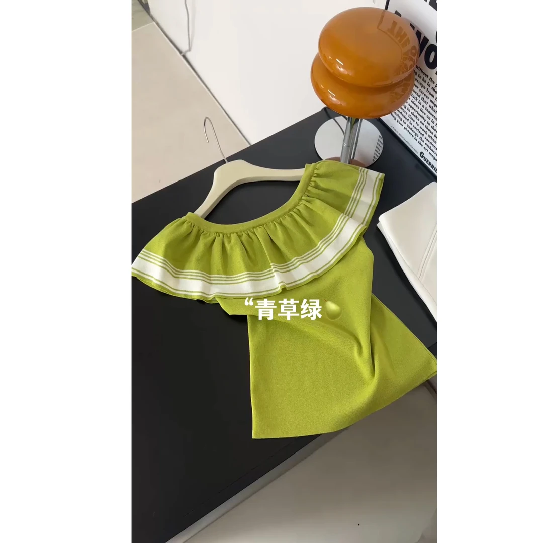 2025夏季一字领拼色条纹荷叶边套头设计感百搭针织衫T恤女上衣