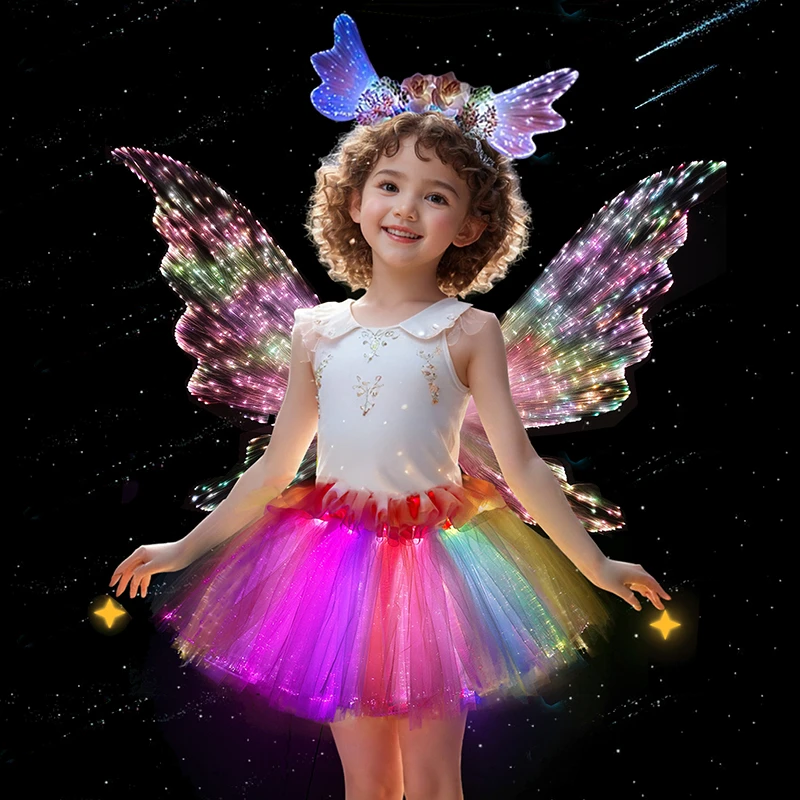 新品光纤工艺满天灯公主裙蝴蝶翅膀背饰发光仙女裙子女孩节日礼物