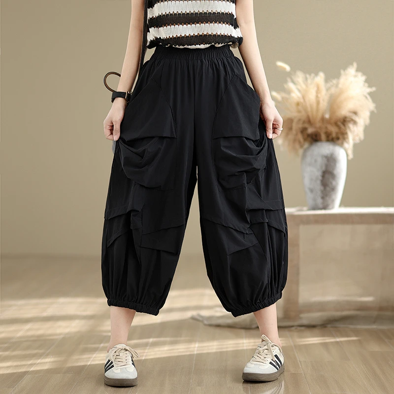 夏季新款薄款褶皱宽松大码松紧腰大口袋时尚休闲七分裤垮裤哈伦裤