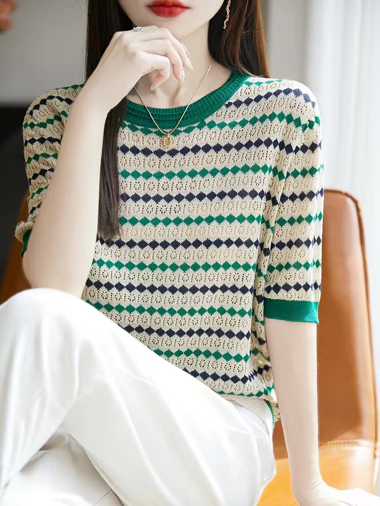 2025夏季新款莱赛尔天丝提花撞色柳叶绿小方格短袖t恤女时尚条纹