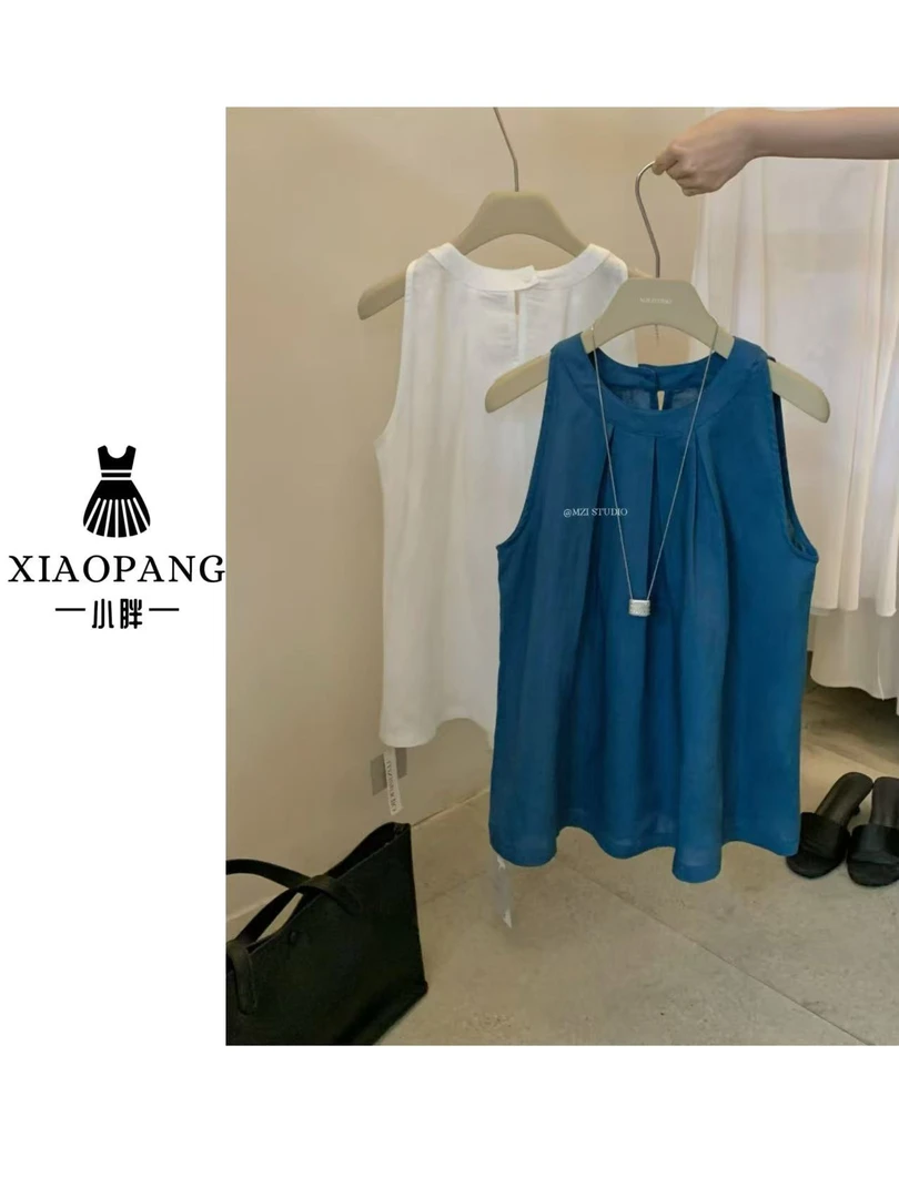 【小胖家】156223韩系无袖挂脖背心衬衫