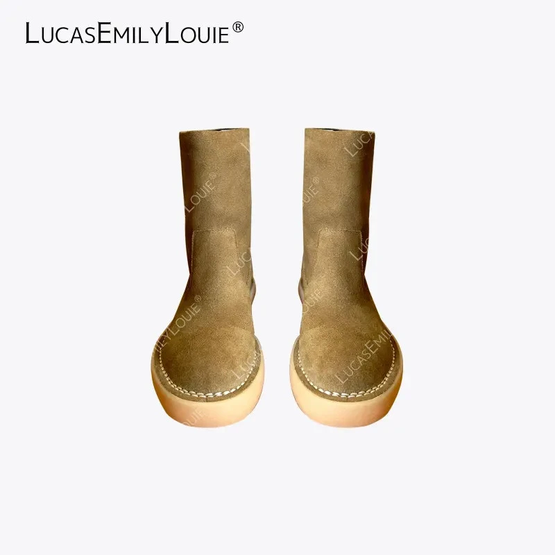 LUCASEMILYLOUIE 复古简约高丝光牛皮绒靴平底中筒靴240141