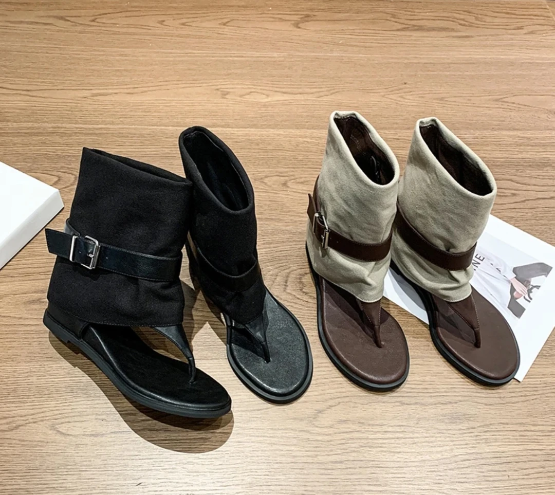 罗马风夹趾凉靴2025新款休闲时尚套筒靴夏季百搭内增高5公分凉鞋