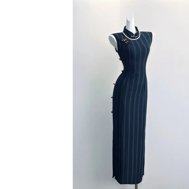 【彩盘】复古新中式民国风无袖条纹日常年轻款气质修身显瘦显白旗袍