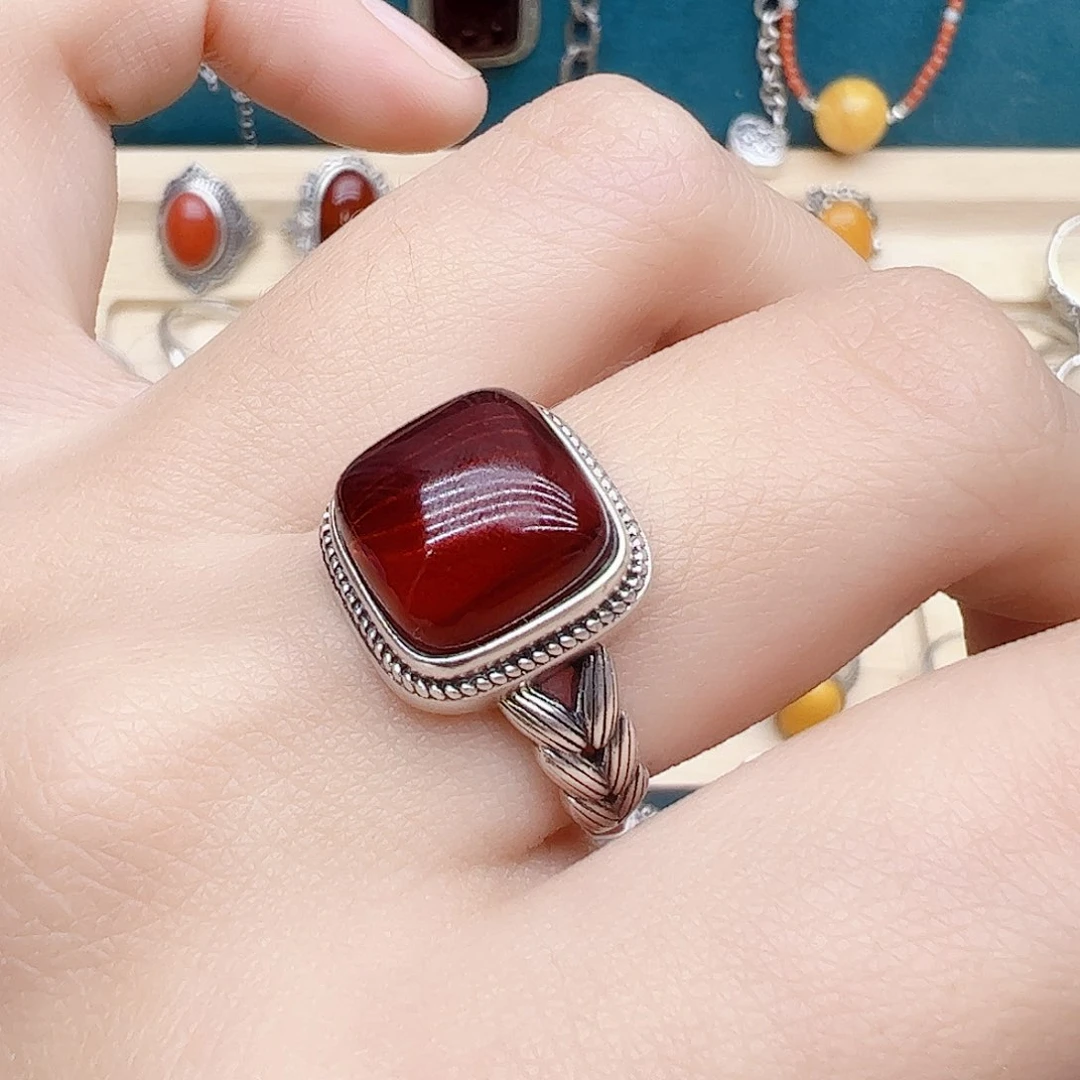 血珀戒指银S925镶嵌天然