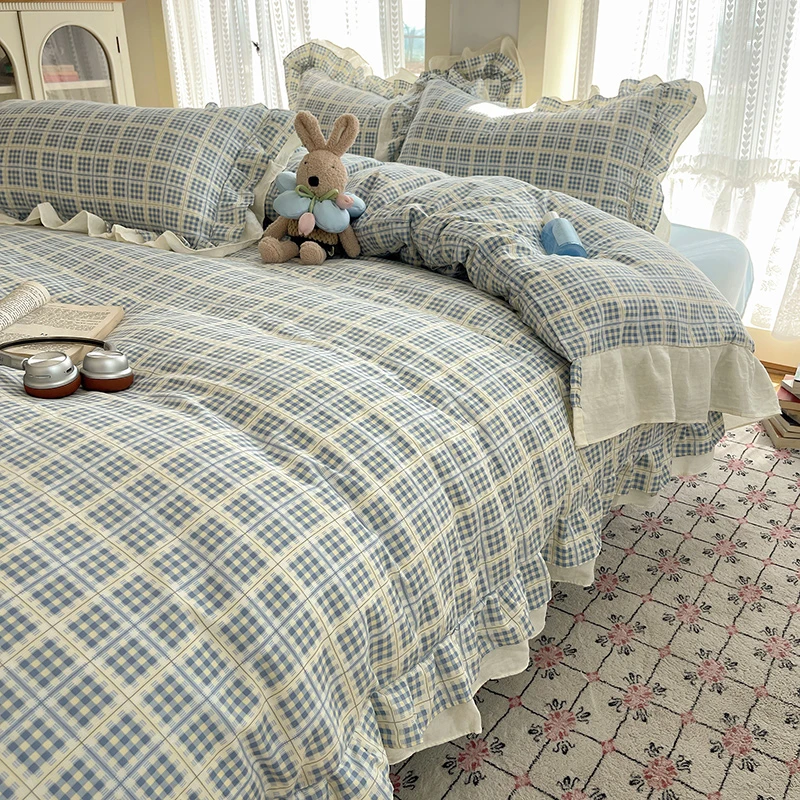 韩版双层纱云感皱皱纱双层花边四件套519旧岛