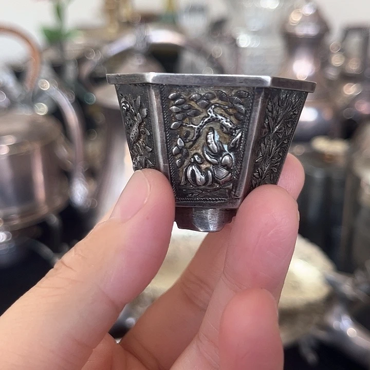 欧洲中古纯银六方杯