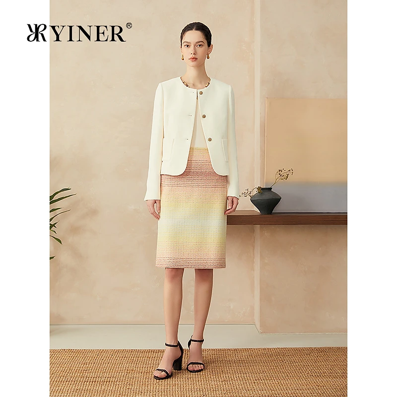 YINER音儿2025春季新款法式亮丝质感粗花呢直身优雅廓形短外套