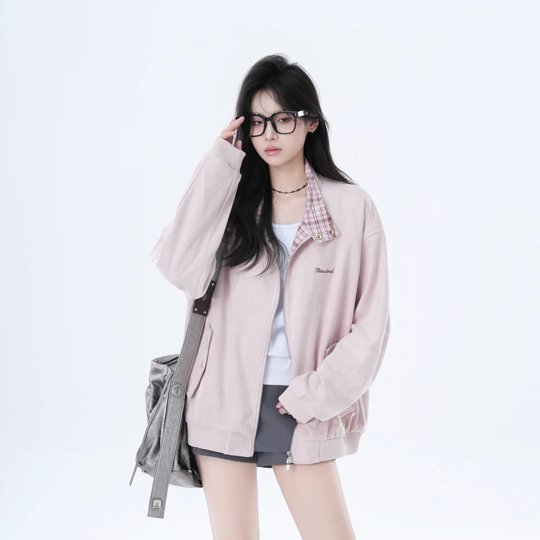 秋季2025新款美式复古粉色麂皮绒夹克女小众设计感情侣外套国潮牌