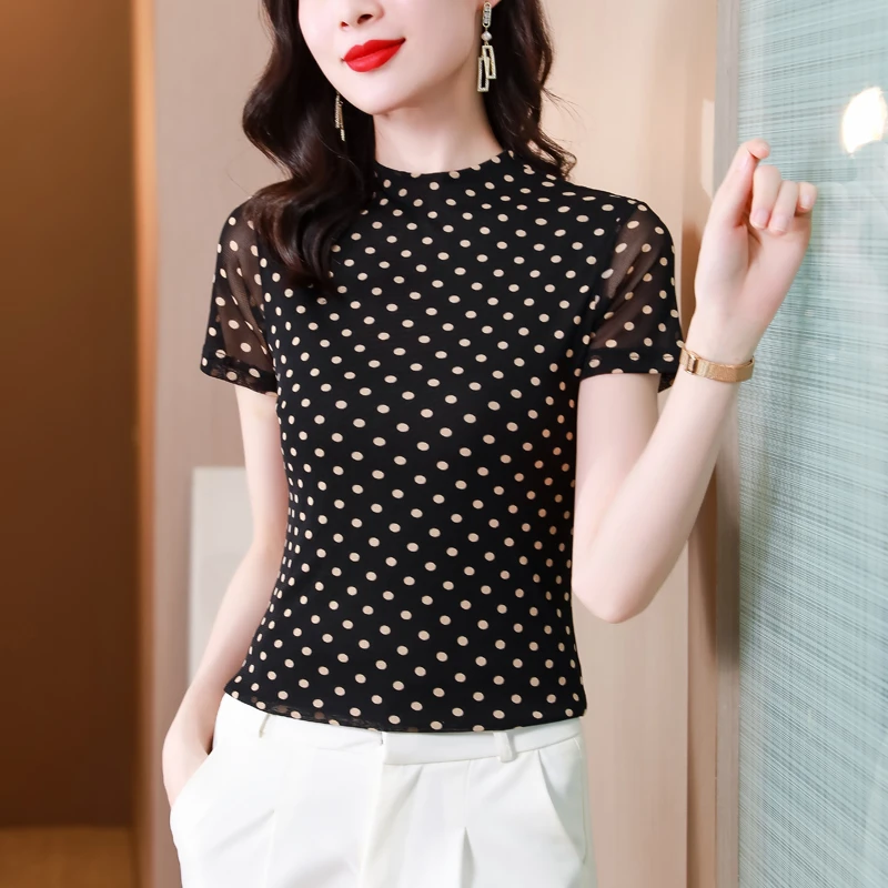 【粉丝专享】夏季波点印花上衣女气质修身显瘦短袖T恤法式时尚小衫