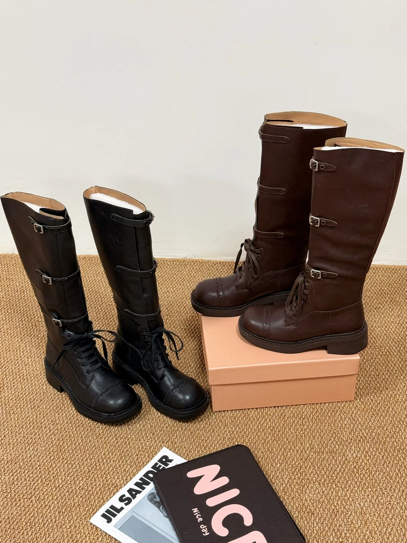 吴宣仪同款~绑带高筒骑士长靴女马丁时装靴百搭爆款新款时尚