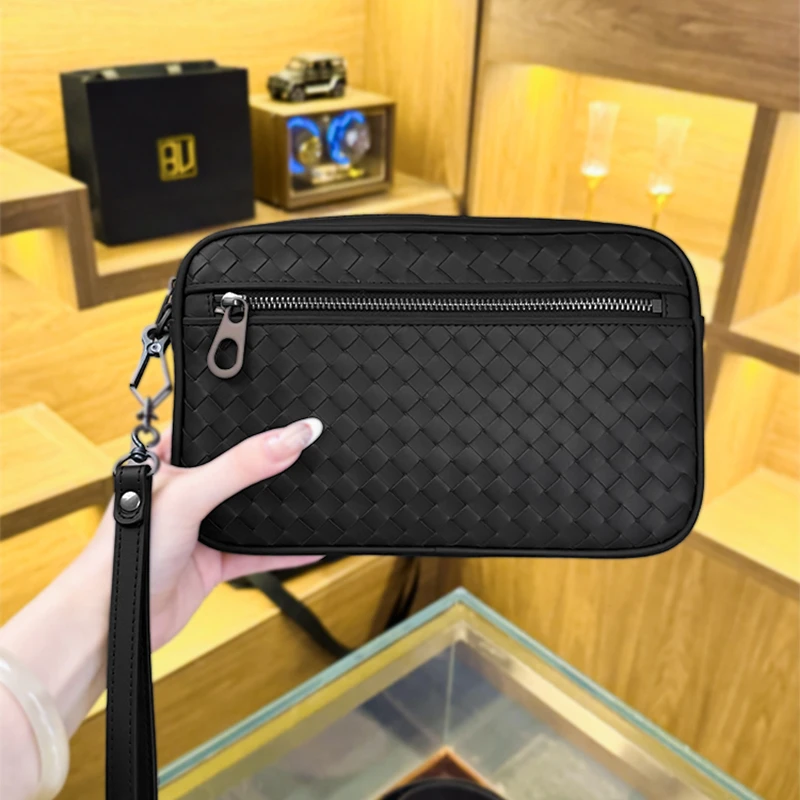 BV头层胎牛皮纯手工编织手拿钱包手抓包手机男士黑色真皮商务休闲