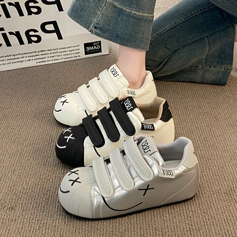 厚底百搭板鞋运动增高小白鞋女2025新款白色魔术贴笑脸大头面包鞋