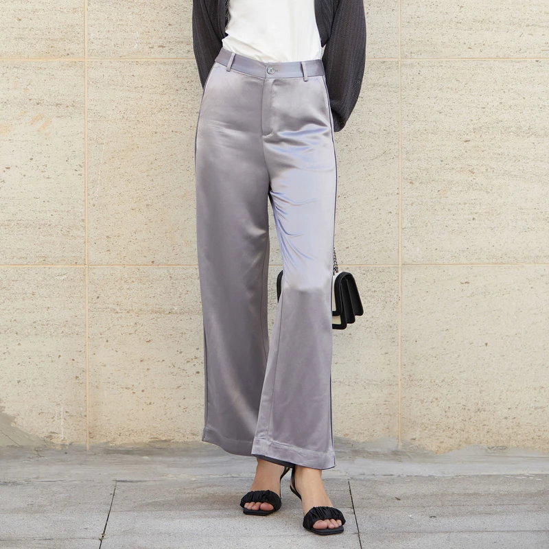 sdeer圣迪奥女装时尚休闲百搭高腰垂坠插袋缎面直筒长裤S23280811