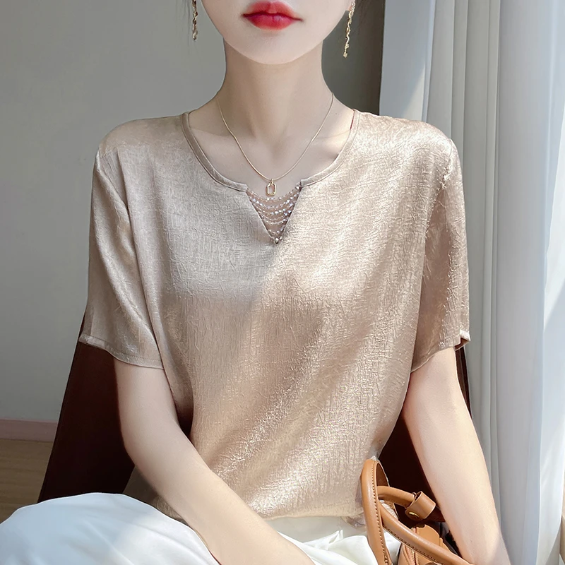 哥弟阿玛施官方新款醋酸休闲T恤夏季时尚宽松洋气减龄显瘦上衣女