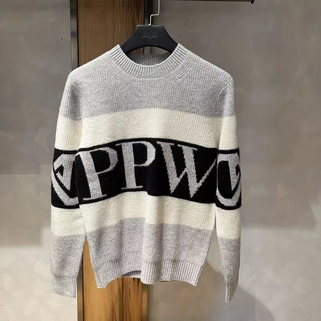 PP-WHITE条纹撞色针织字母圆领毛衣针织衫衫套衫拼色休闲男士