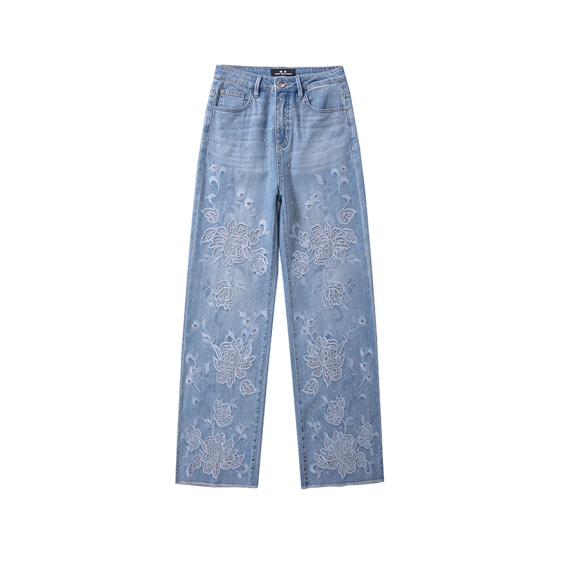 【安哥】夏季设计师新款蓝色前幅网纱蒌空A型阔腿直筒牛仔裤8957