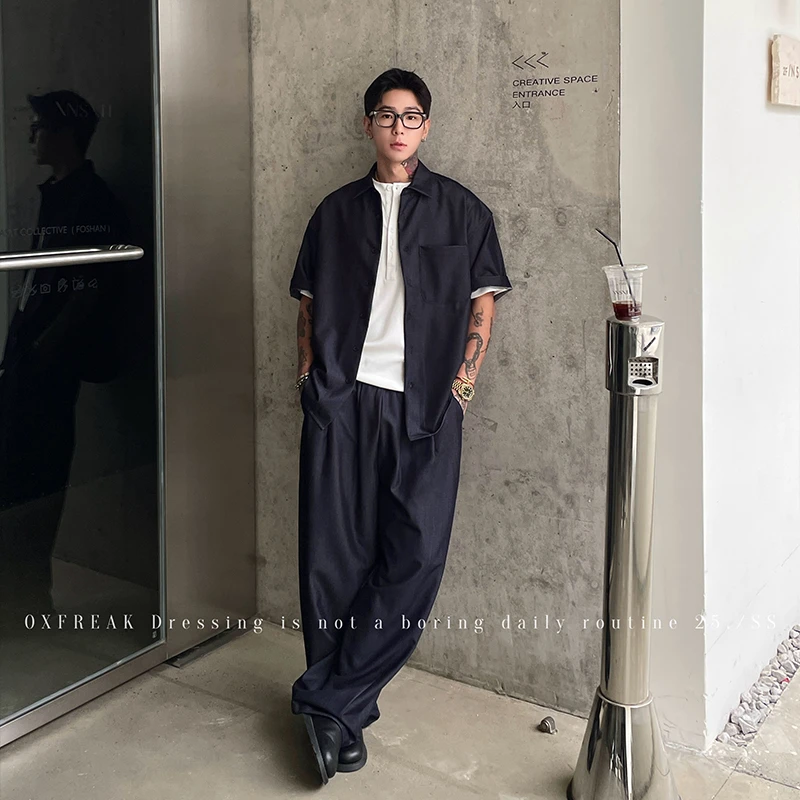 OXFREAK 「缎面感 休闲度假套装」冰丝短袖衬衫男宽松直筒休闲裤