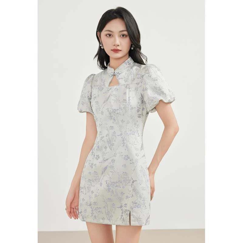 爱客连衣裙短裙提花钩花领蕾丝连衣裙少女旗袍RL25216L010