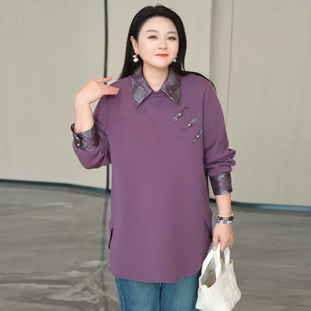 【现货】MsShe大码女装2025秋新中式可拆提花翻领盘卫衣J~B2510008