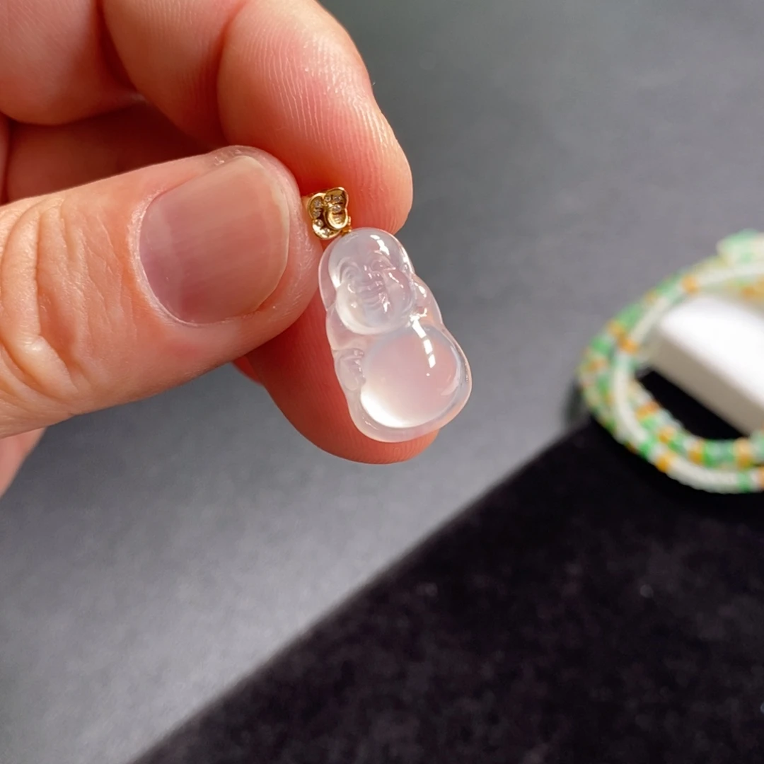 吊坠(不含链)18K金镶嵌翡翠白冰站佛