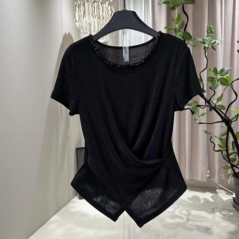 设计感黑色不规则圆领短袖T恤夏季薄款独特气质修身收腰正肩小衫
