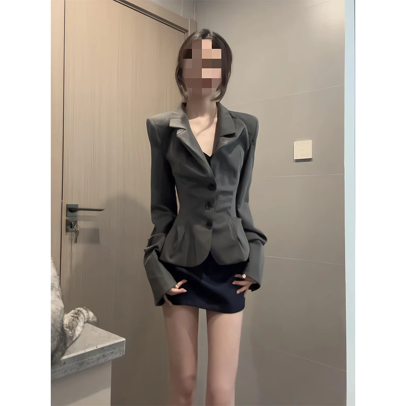 小香风灰色西装外套小个收腰西服上衣包臀裙半身裙a字裙子包臀裙