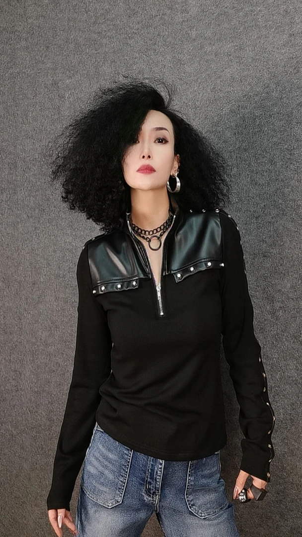 二姐家弹力修身气质拼皮上衣t恤