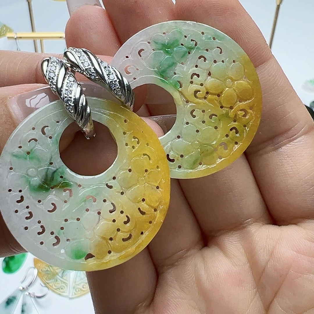 银S925镶嵌翡翠耳饰珠**润天然缅甸A货翡翠