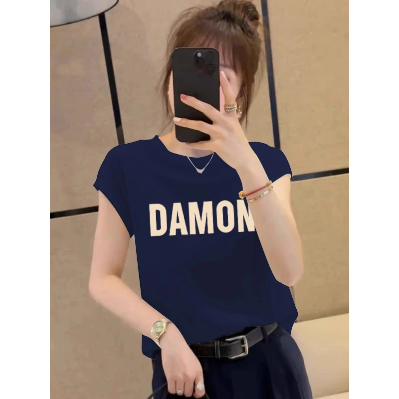 小飞袖正肩短袖t恤女夏季2025新款设计感百搭显瘦圆领藏青色上衣