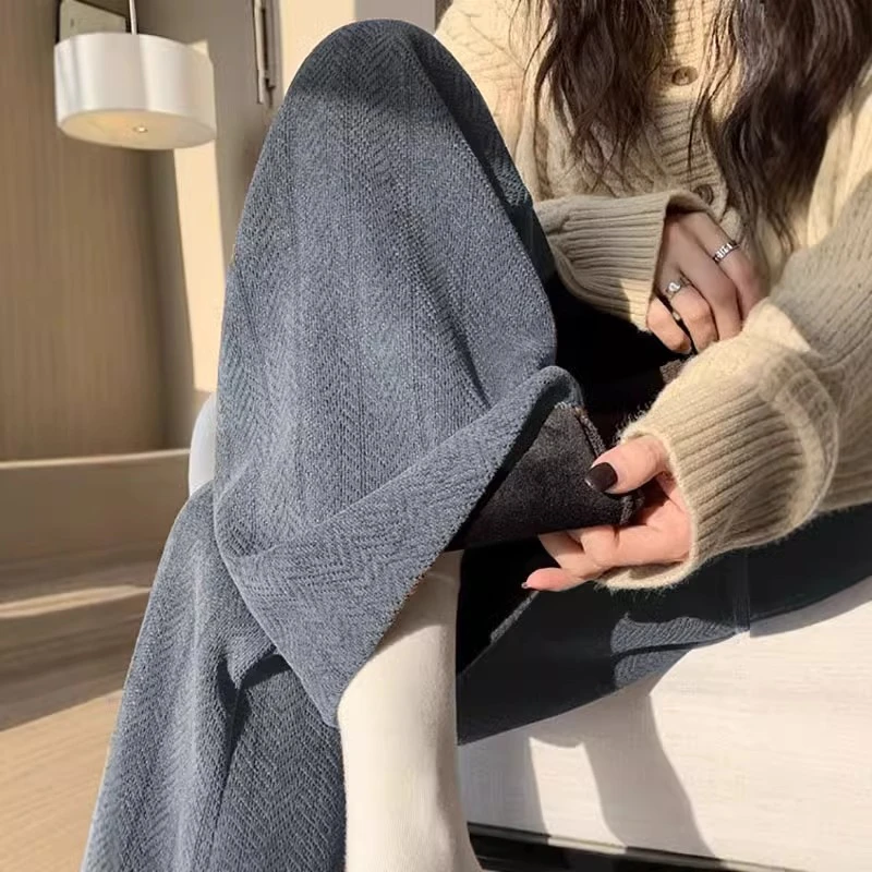 300斤大码人字纹雪尼尔阔腿裤女秋冬加绒高腰宽松垂感休闲直筒裤