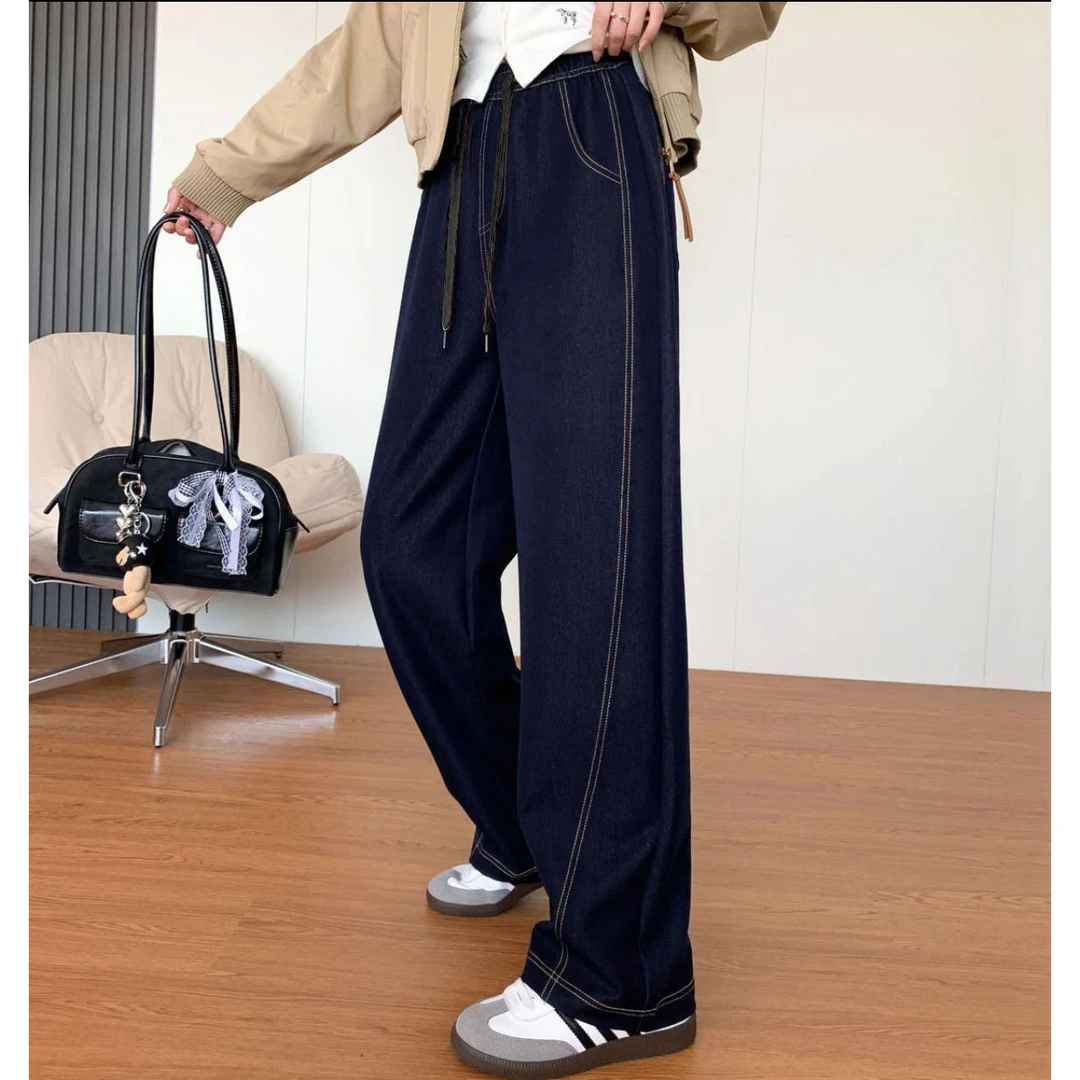 弹力高腰休闲裤丹宁蓝窄版直筒裤25220