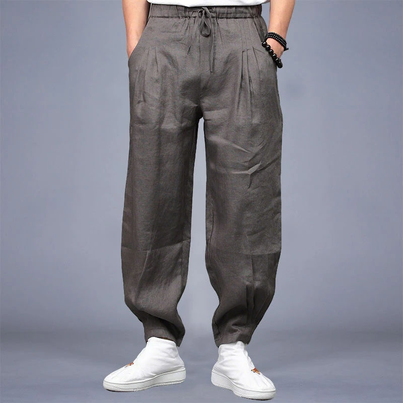 男士休闲裤中国风亚麻裤宽松小脚阔腿裤夏季大码松紧腰长裤