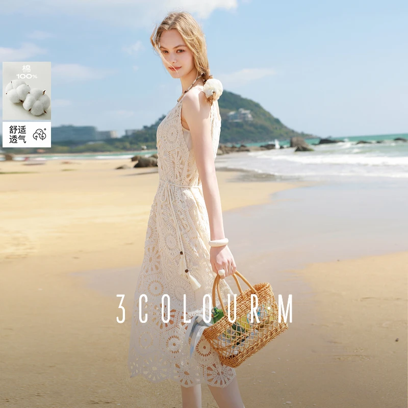 三彩2025夏季新款镂空针织裙无袖连衣裙吊带裙两件套度假风长裙M
