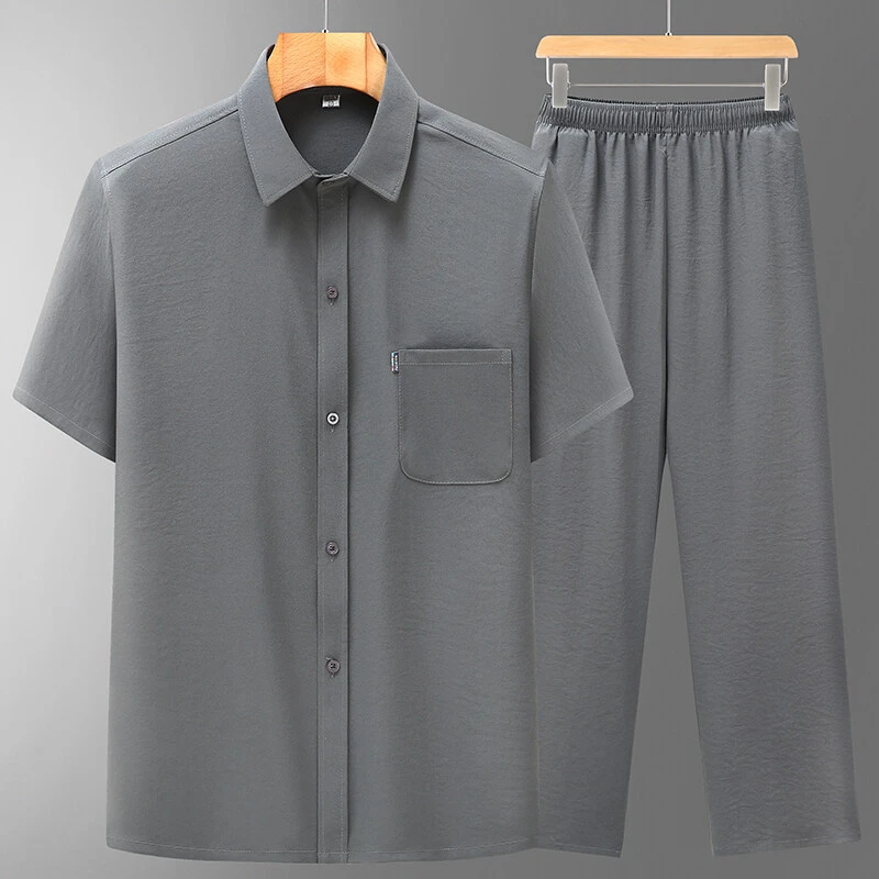 夏季新款中老年人男士短袖衬衫套装爷爷薄款爸爸宽松休闲时尚衬衣