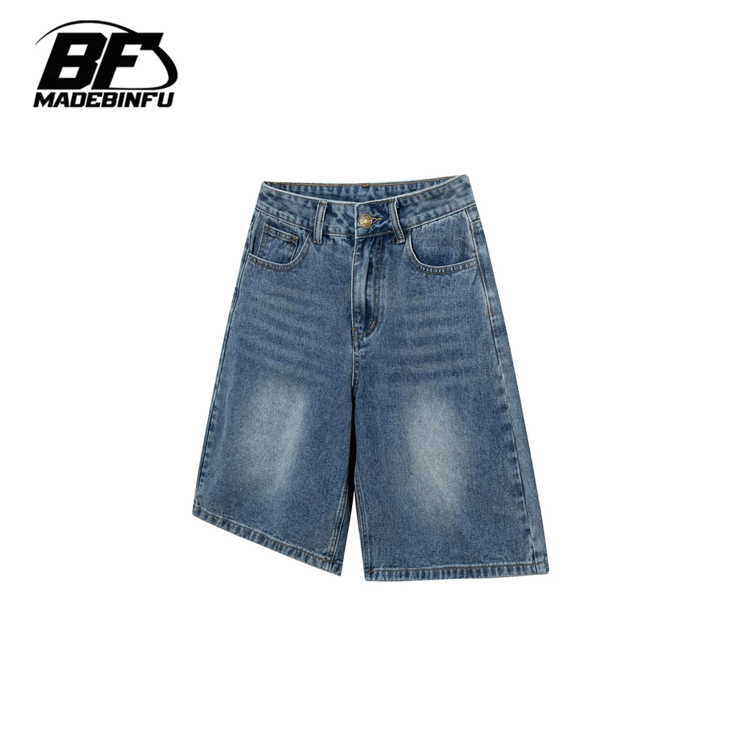 BINFU 夏季新款宽松浅蓝色基础百搭休闲直筒男女同款牛仔短裤