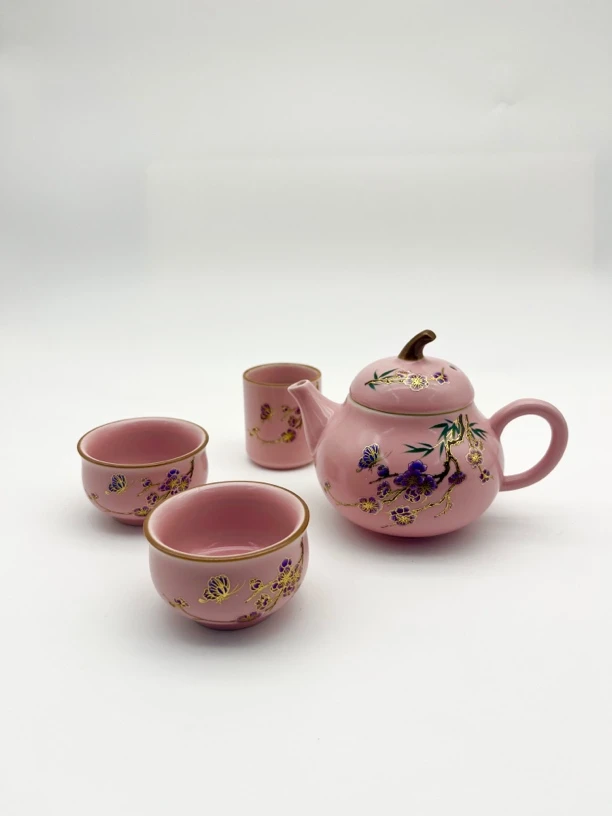 粉色梅花茄瓜壶一壶三杯带收纳包女士便携旅行茶具户外露营喝茶