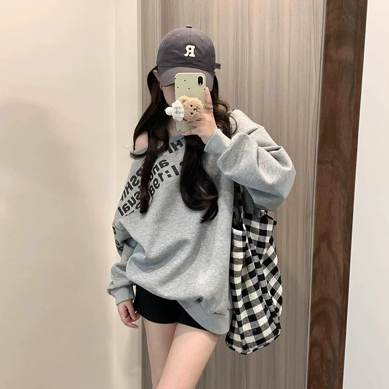 美式斜肩设计感长袖露肩卫衣女一字领宽松休闲百搭慵懒风上衣