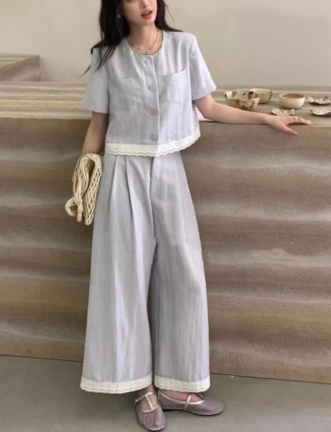 0325夏季新款雷丝边设计感时尚套装女短袖开衫上衣+阔腿裤两件套