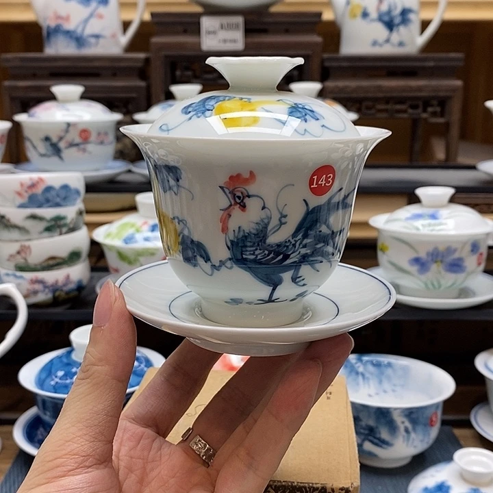 手绘公鸡盖碗160cc三才釉下彩微瑕福利款