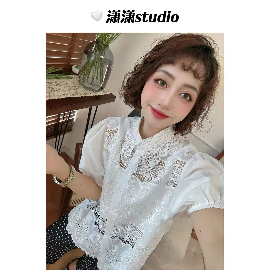 【蔷薇精灵】【胖瘦可穿】潇潇超重工镂空刺绣面料泡泡袖衬衣XW0077