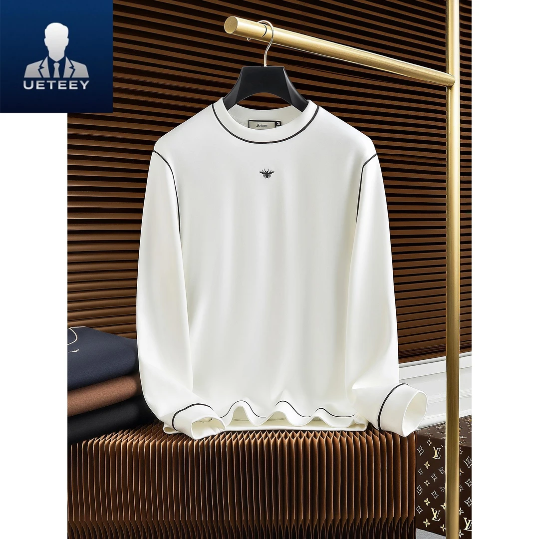 秋季高端时尚百搭撞色莫代尔上衣服男士修身圆领长袖休闲卫衣男款